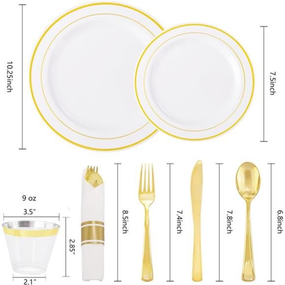 350 Pieces Gold Plastic Plates with Disposable Silverware and Cups - Picture 2 of 7